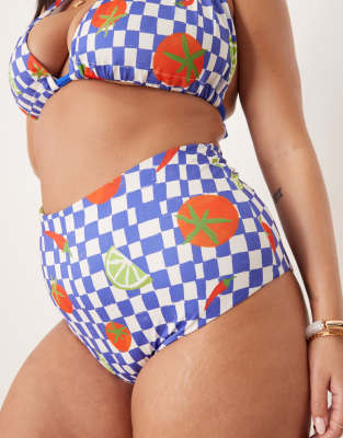 Asos Curve Asos Design Curve Lucy Chilli Print With Blue Checkerboard High Waist Bikini Bottom