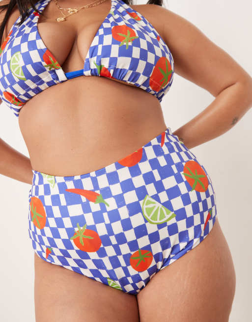 ASOS DESIGN Curve - Lucy Chilli - Slip bikini a vita alta blu a quadri con stampa, 4 di 4