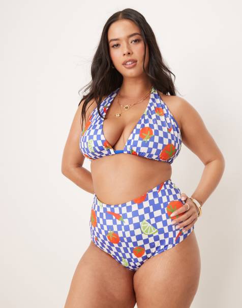 ASOS DESIGN Curve Lucy chilli print with blue check high waist bikini bottom