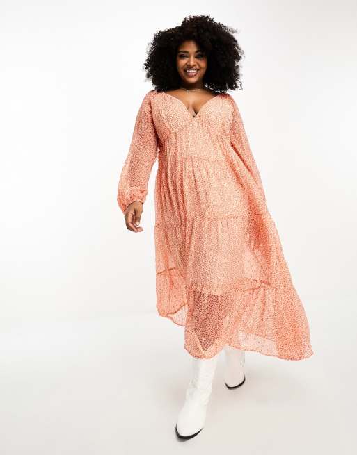 ASOS DESIGN Curve lurex chiffon v neck long sleeve tier midi smock dress in  ditsy print