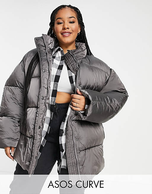 Women Curve luxe shiny oversized puffer jacket in charcoal 