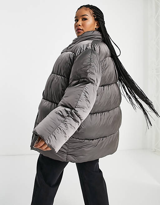 Women Curve luxe shiny oversized puffer jacket in charcoal 