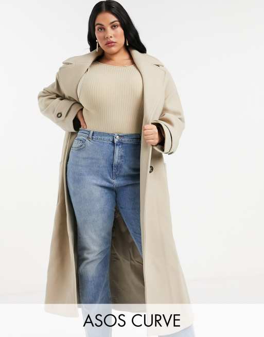 ASOS DESIGN Curve – Luxuriöser Maximantel mit Gürtel in Camel