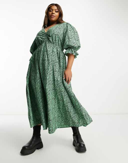 ASOS DESIGN Curve – Luźna bawełniana sukienka midi w zielone paski zebry