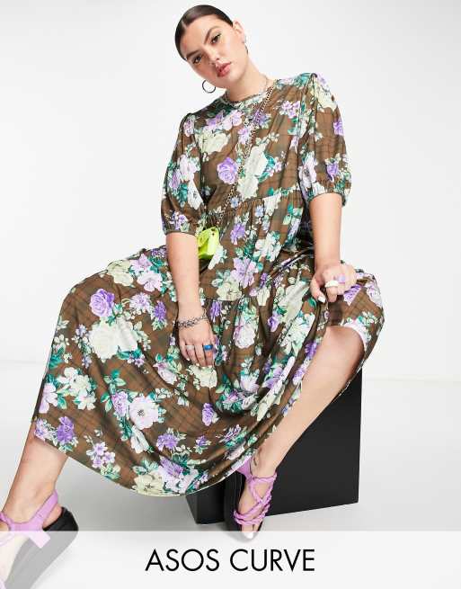 ASOS DESIGN Curve – Luźna sukienka midi w stylu grunge ze wzorem w kwiaty