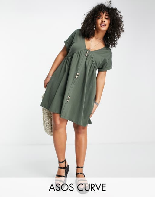 ASOS DESIGN Curve – Luźna sukienka mini w kolorze khaki z krótkimi rękawami i zapięciem na duże guziki