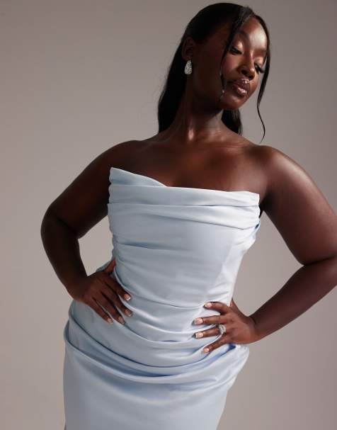 ASOS DESIGN Curve - Lyseblå maxi-brudekjole i satin med bandeau-design - view 1