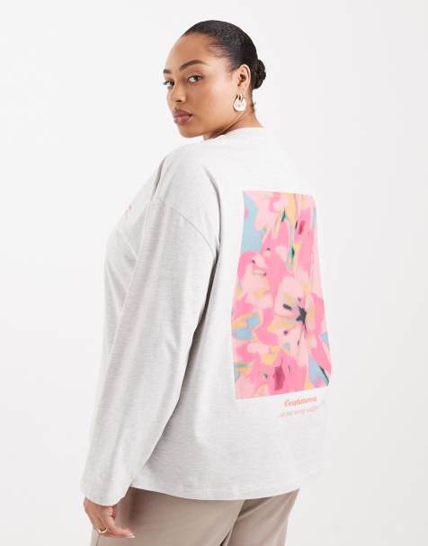 ASOS DESIGN Curve - Lysegråmeleret T-shirt med lange ærmer og blomstergrafik - view 1