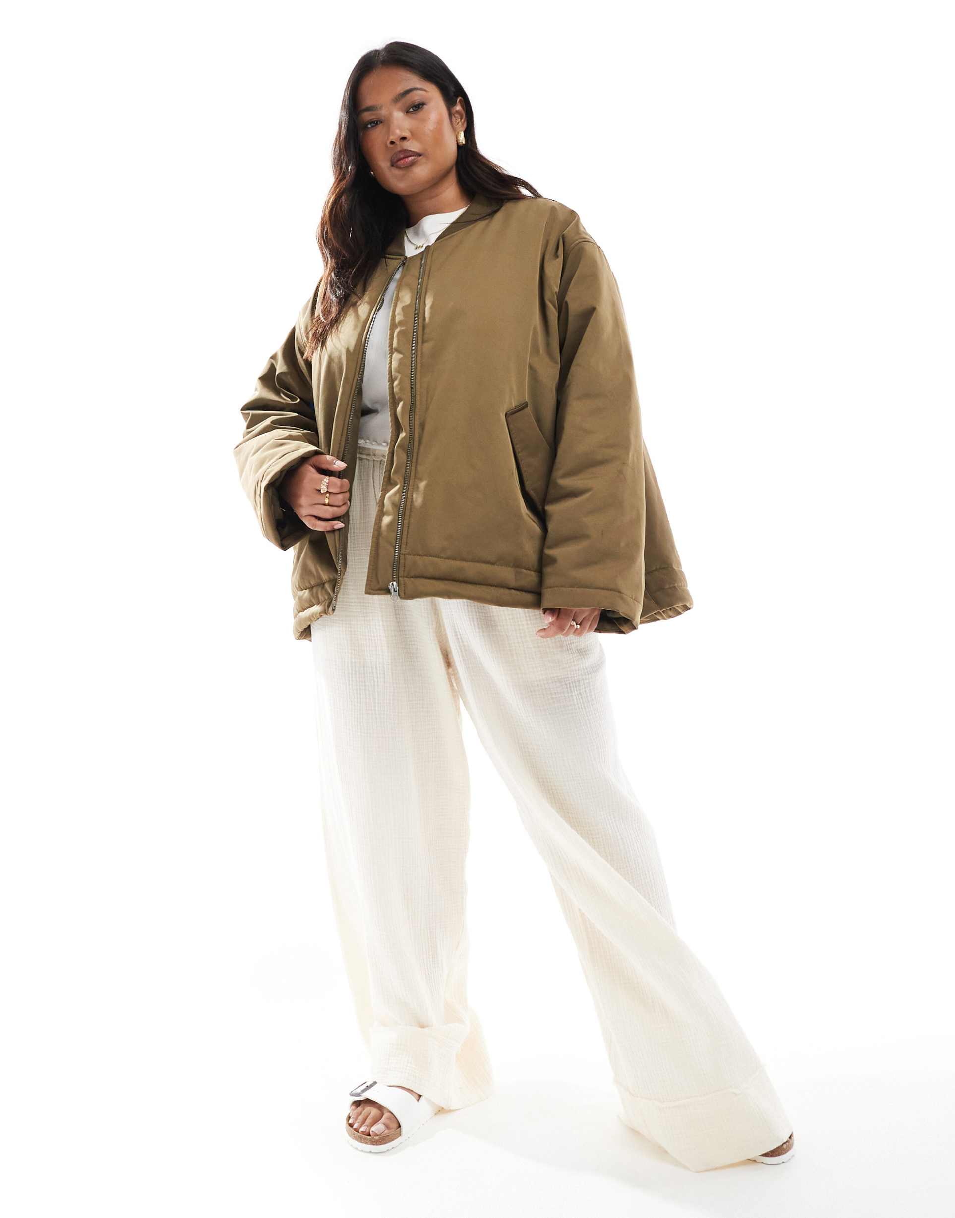 asos design curve ma1 clean bomber jacket in khaki