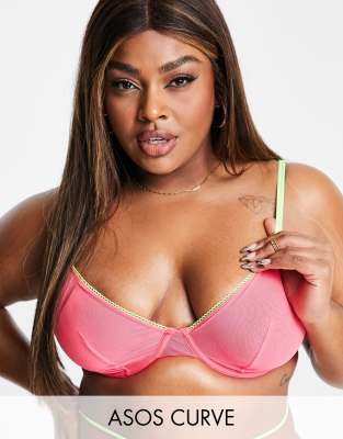 ASOS DESIGN Curve Madison contrast neon mesh underwired bra in pink