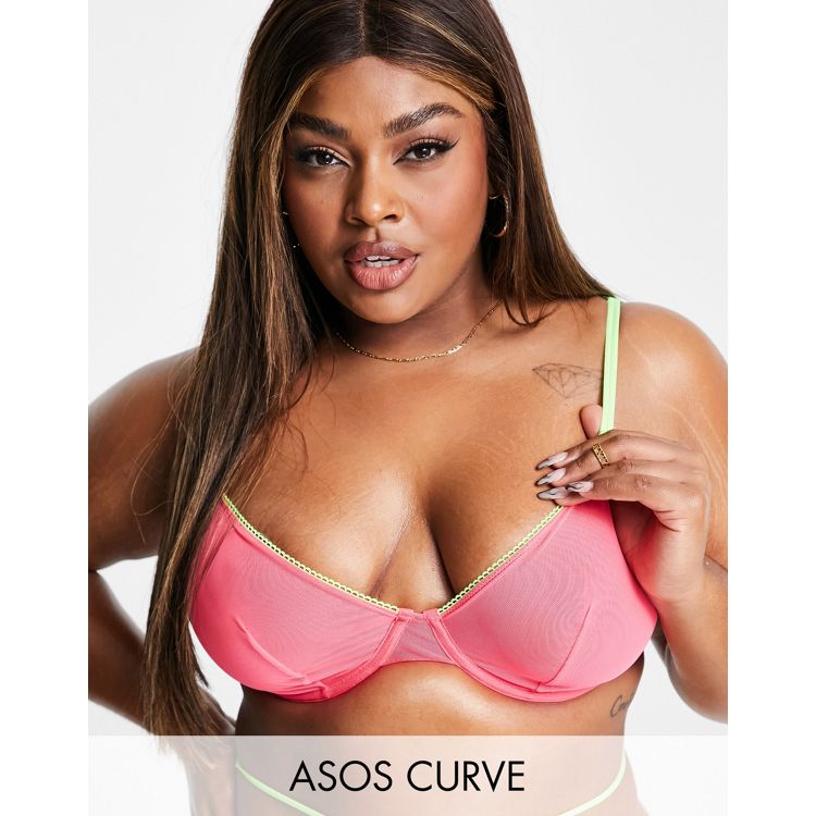 ASOS DESIGN Curve Madison contrast neon mesh underwired bra in pink