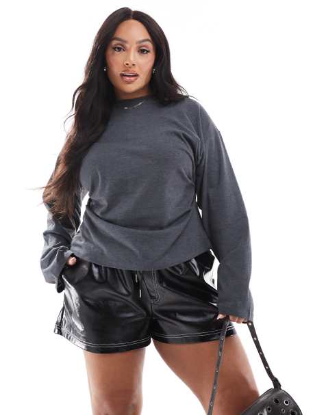 ASOS DESIGN Curve - Maglietta a maniche lunghe antracite con vita a corsetto - view 1