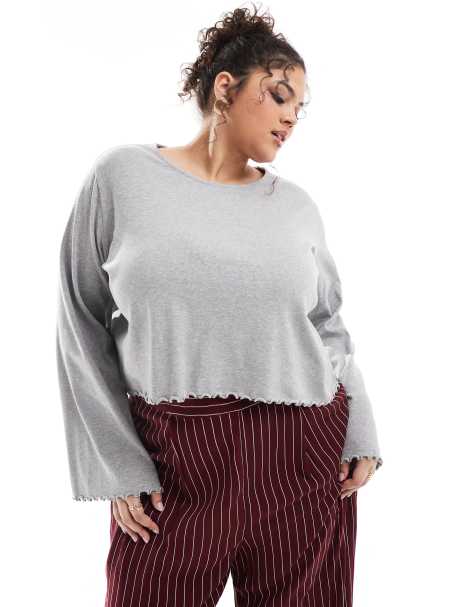 ASOS DESIGN Curve - Maglietta a maniche lunghe grigio mélange con bordi smerlati - view 1