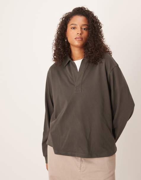 ASOS DESIGN Curve - Maglietta a maniche lunghe pesante color antracite con colletto stile rugby - view 1