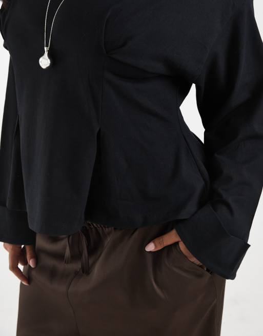 ASOS DESIGN Curve - Maglietta a maniche lunghe stretta in vita nera con polsini ampi, 3 di 4