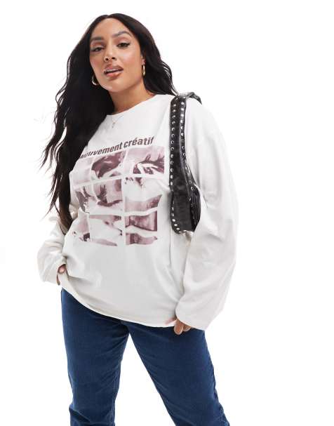 ASOS DESIGN Curve - Maglietta stile skater a maniche lunghe color crema con grafica creativa - view 1