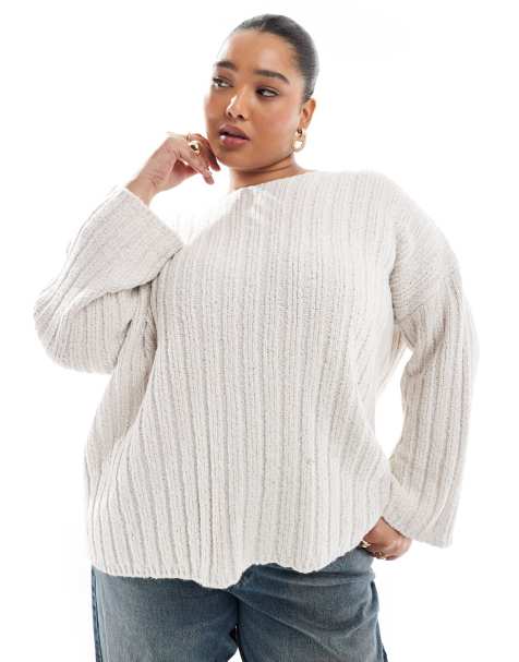 ASOS DESIGN Curve - Maglione color crema testurizzato a coste con scollo a barchetta - view 1