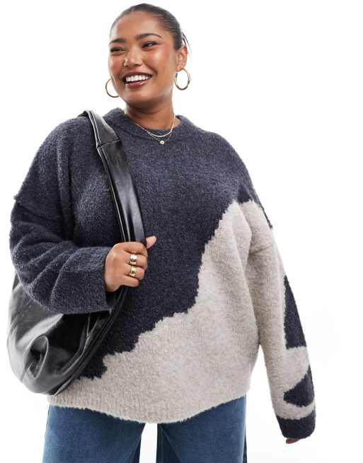 ASOS DESIGN Curve - Maglione girocollo bouclé con stampa astratta, 2 di 4