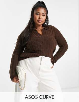 ASOS DESIGN Curve open collar rib jumper in brown - ASOS Price Checker