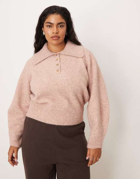 ASOS DESIGN Curve - Maglione stretto in vita rosa con colletto - view 1
