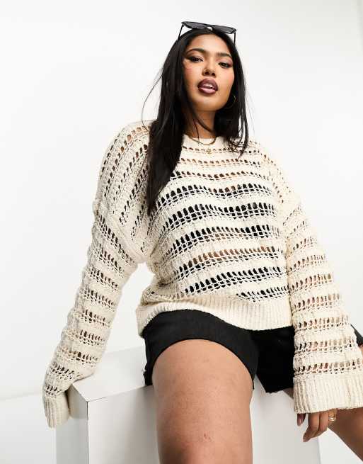 ASOS DESIGN Curve - Maglione traforato color crema in filato testurizzato
