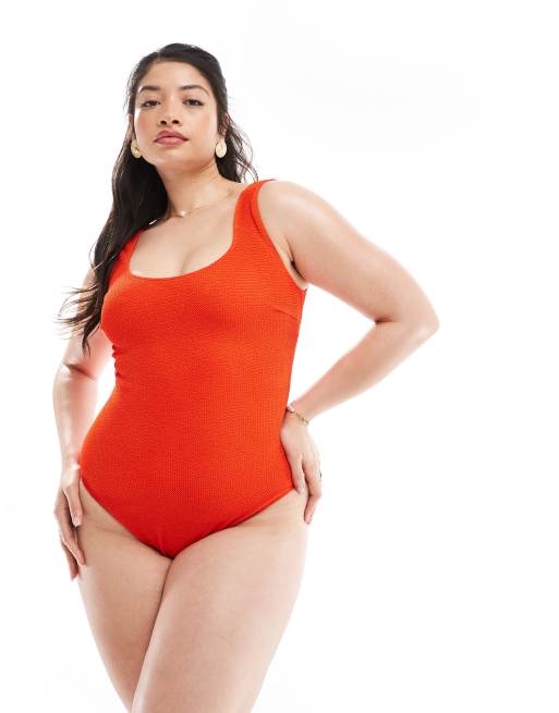ASOS DESIGN Curve - Maillot 1 pièce effet froissé à dos échancré - Rouge tomate