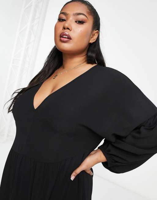 ASOS DESIGN Curve - Makkelijke aangerimpelde midi-jurk in zwart, 3 van 4