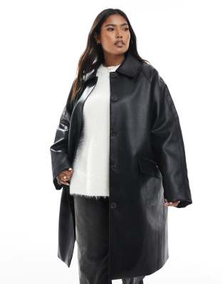 ASOS DESIGN Curve - Manteau en imitation cuir - Noir