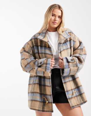 ASOS DESIGN Curve - Mantel aus Wollmix mit Stehkragen, Knebelknöpfen und Vintage-Karomuster-Bunt