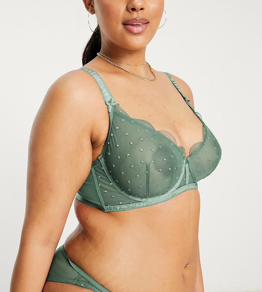 Asos Design Curve Margot Embroidered Scallop Spot Underwired Bra With Ruched Strapping In Sage-Green