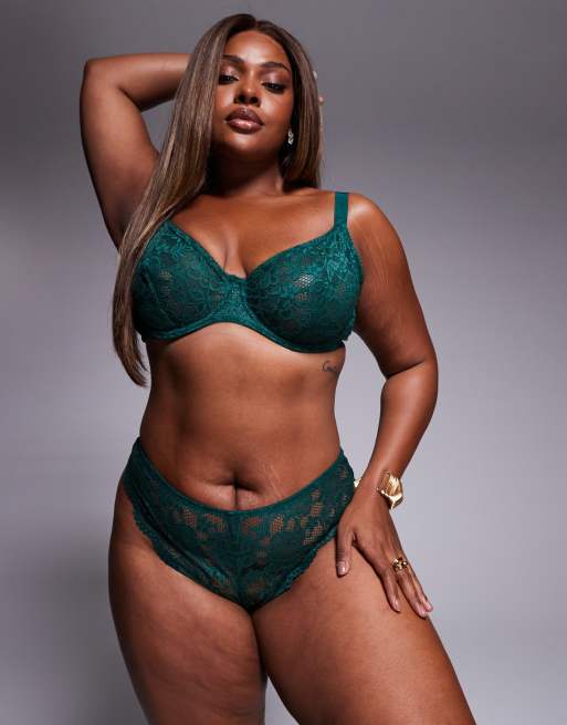 ASOS DESIGN Curve Margot lace high leg brazilian in forest green, 2 of 4