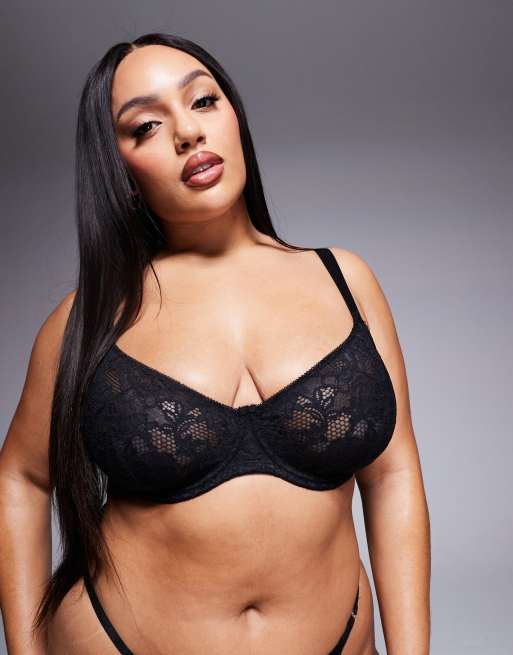 ASOS DESIGN Curve Margot lace underwire bra with tie-up detail in black, 4 of 4