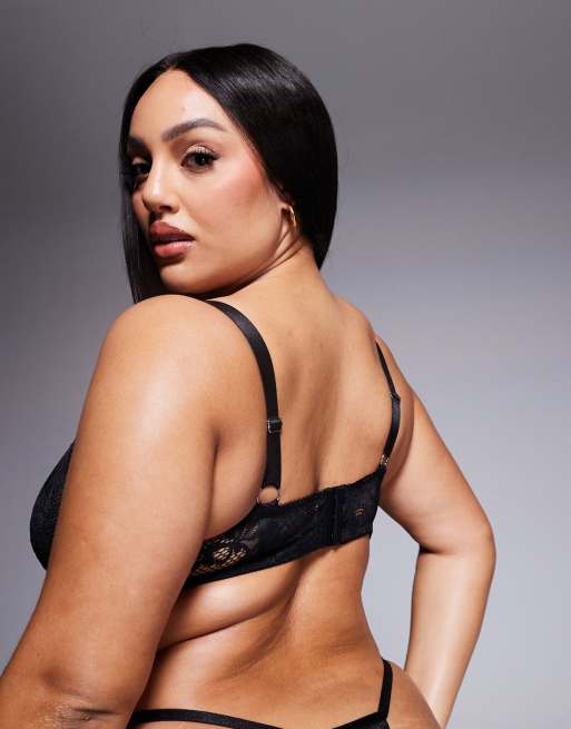 ASOS DESIGN Curve Margot lace underwired bra with tie up detail in black, 3 of 4