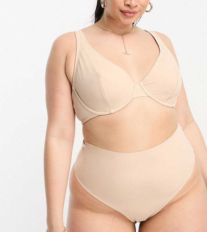 ASOS DESIGN Curve Marina smoothing high-waist thong in beige-Neutral