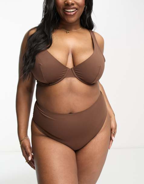 ASOS DESIGN Curve Marina smoothing high-waist thong in brown - view 1