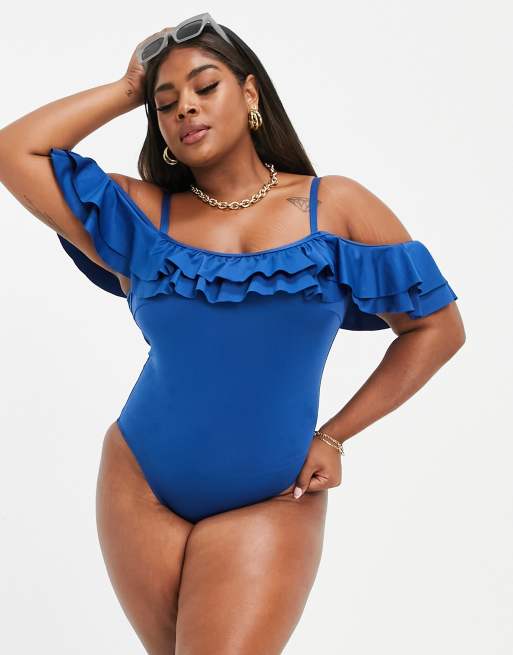 ASOS DESIGN Curve – Marinblå baddräkt i off shoulder-modell med volanger i lager, 4 av 4