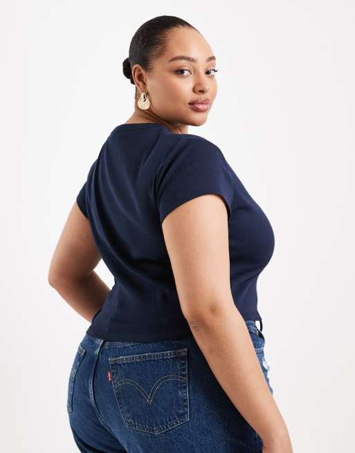 ASOS DESIGN Curve – Marinblå, krympt t-shirt med Vienna-tryck, 4 av 4