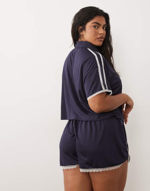 ASOS DESIGN Curve – Marinblå löparshorts i trikå med spetsdetaljer, del av set, 3 av 5