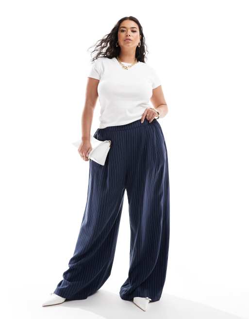 ASOS DESIGN Curve – Marinblå randiga byxor i dra på-modell med vida ben, 3 av 5