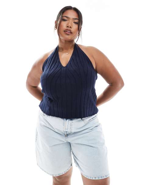 ASOS DESIGN Curve – Marinblå, stickad, ribbad topp med halterneck - view 1