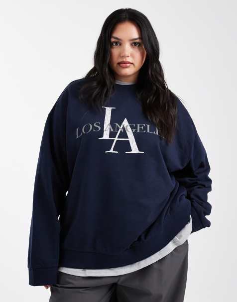 ASOS DESIGN Curve – Marinblå sweatshirt i oversized fit med LA-tryck - view 1