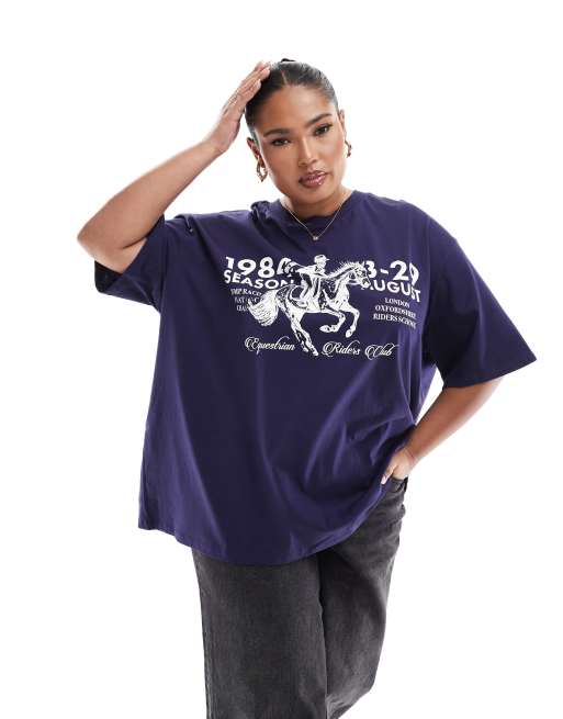 ASOS DESIGN Curve – Marinblå t-shirt i oversize med hästtryck