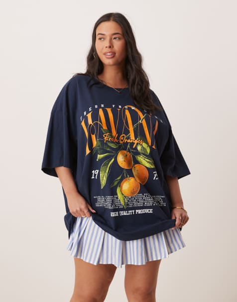 ASOS DESIGN Curve – Marinblå, t-shirt i oversize med 'Havana Orange'-tryck - view 1