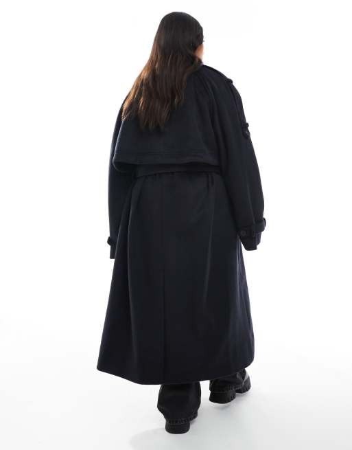 ASOS DESIGN Curve – Marinblå trenchcoat i lång modell med ståkrage och borstad finish, 3 av 4