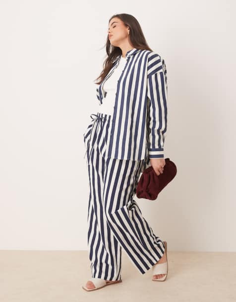 ASOS DESIGN Curve – Marinblårandiga byxor i linnestil med resårmidja, del av set - view 1