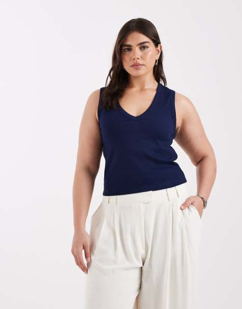 ASOS DESIGN Curve – Marinblått, ribbat linne med v-ringning - view 1
