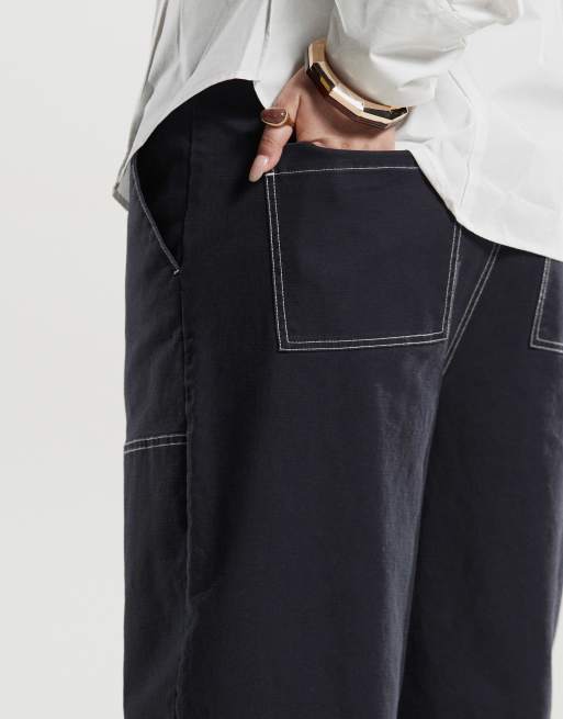 ASOS DESIGN Curve - Marineblå bukser med tøndeformede ben og kontrasterende sømdetaljer, 3 af 5