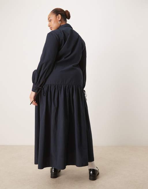 ASOS DESIGN Curve - Marineblå langærmet maxi-skjortekjole med bindebåndsdetaljer, 2 af 4