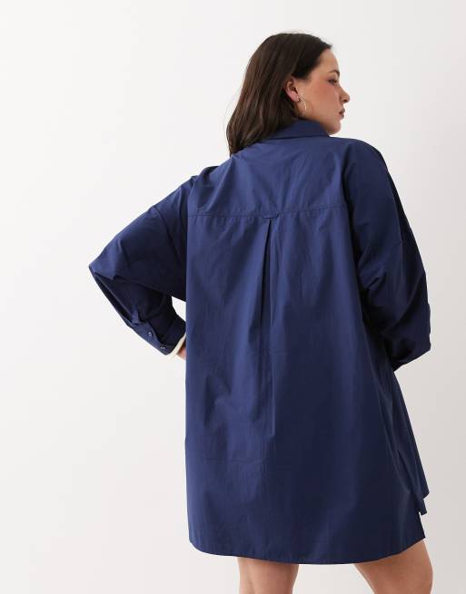 ASOS DESIGN Curve - Marineblå oversized skjortekjole i hørlook - Del af sæt, 4 af 4