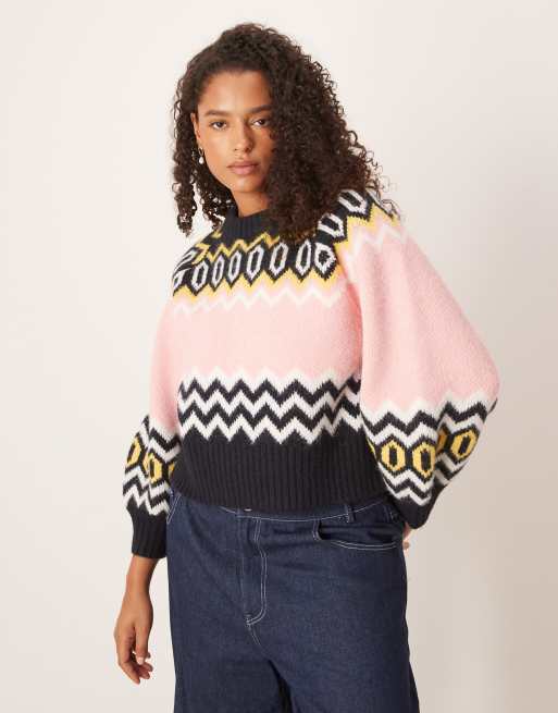 ASOS DESIGN Curve - Marineblå striktrøje med rund hals og struktur samt fairisle-mønster, 2 af 4
